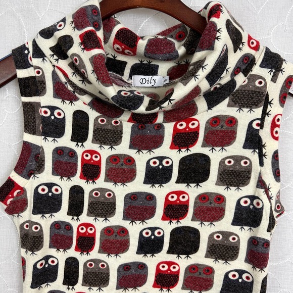 Dily Owl Dress Size Small Multicolor Cowl Neck Pleated Pullover Sleeveless - Picture 3 of 11